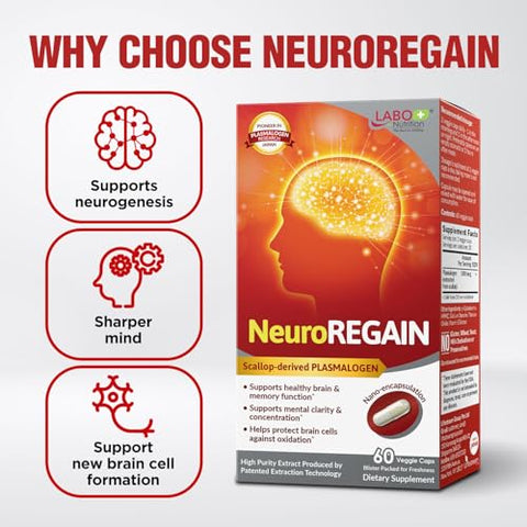 NeuroREGAIN – PLASMALOGEN derivado de vieiras para deterioração cerebral, memória, alerta, aprendizado, concentração e outras funções cognitivas – Adequado para - LABO Nutrition