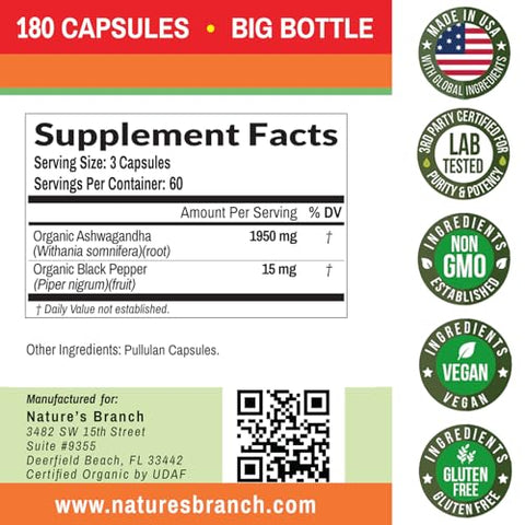Nature's Branch - Ashwagandha Orgânica Certificada UDAF com Pimenta Preta – 180 Cápsulas – 1965mg Extra Forte para Estresse, Sono, Humor, Tireoide, Concentração, Cabelo, Extrato Puro de Raiz Vegano – Homens