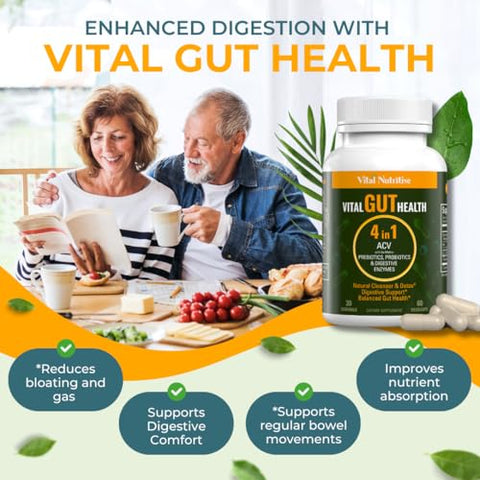 VITAL NUTRITIVE - Fórmula 4 em 1 Vital Gut Health com Vinagre de Maçã e Prebióticos – Saúde Intestinal Essencial