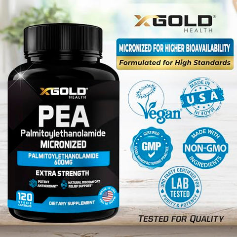 X Gold Health - Palmitoiletanolamida Suplemento 600 mg | PEA Micronizado 99%% Altamente Purificado e Bioacessível | Fabricado nos EUA | Para Homens e Mulheres – 120 Cápsulas