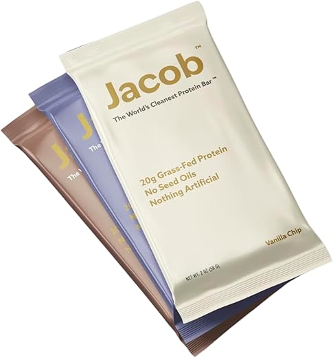 Bar, Barras de Proteína, Pacote Sortido (9 Barras no Total) Contém 3 de Cada; Chocolate, Baunilha, Frutas Vermelhas – 20g Proteína de Pasto, Sem Óleos de Sementes, Sem Ingredientes Artificiais - Jacob