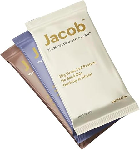Bar, Barras de Proteína, Pacote Sortido (9 Barras no Total) Contém 3 de Cada; Chocolate, Baunilha, Frutas Vermelhas – 20g Proteína de Pasto, Sem Óleos de Sementes, Sem Ingredientes Artificiais - Jacob