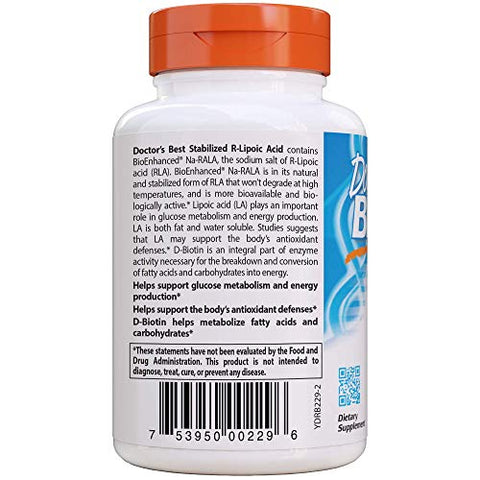 Doctor's BEST - Doctor’s Best R-Lipoic Acid com BioEnhanced Na-RALA, Suporte ao Metabolismo da Glicose e Produção de Energia* Não-OGM, Sem Glúten, Vegano, 100 mg, 180 Comprimidos