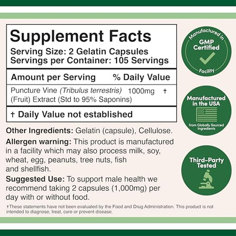 Double Wood Supplements - Tribulus Terrestris para Homens (Conteúdo de Saponina Pura de 95%%) 210 Cápsulas, 1.000mg de Extrato Concentrado de Frutas (Testado por Terceiros, Seguro para Veganos, Não-OGM) para Resistência e Energia