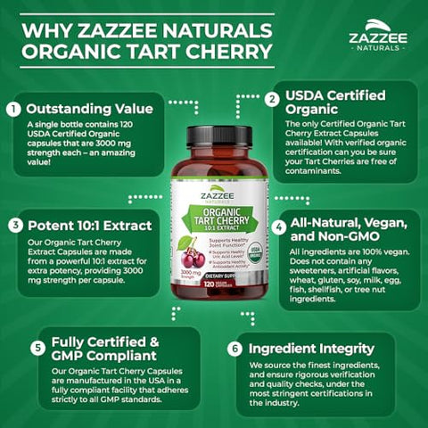 Extrato de Cereja Azeda Orgânica USDA 10:1, 3000 mg, 120 Cápsulas Veganas, 4 Meses de Suprimento, Concentrado 10X Padronizado, 100%% Vegetariano, Certificado Orgânico - Zazzee