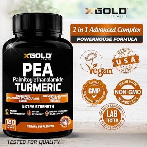 X Gold Health - Palmitoiletanolamida 600mg Complexo de Cúrcuma Curcumina 1000mg: PEA Micronizado 99% Altamente Purificado e Bioacessível – Fabricado nos EUA – Suplemento para Homens e Mulheres – 120 Cápsulas Vegetarianas