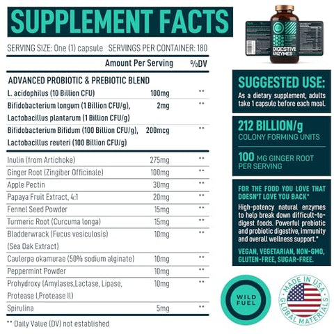 WILD FUEL - Enzimas Digestivas com Probióticos e Prebióticos – Saúde Intestinal, Digestão, Suplemento para SII com Alcachofra, Gengibre e Cúrcuma – Vegan Enzimas Probióticas para Saúde Digestiva e Redução de Inchaço