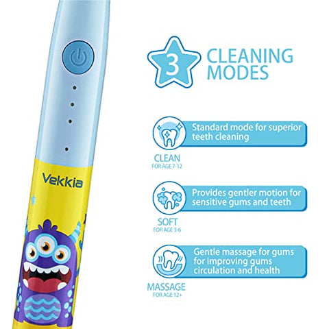 Escova de Dentes Elétrica Infantil, 3 Modos e Temporizador de 2 Minutos para Crianças de 3 Anos, à Prova d’Água IPX7, 4 Cerdas Macias (Monstro de Três Olhos) - Vekkia
