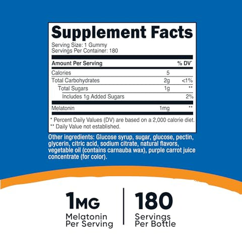 Melatonina 1mg, 180 Gomas, Sabor Morango – Sem Glúten, Não-OGM, Sem Xarope de Milho - Nutricost