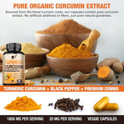 TOPCAPAK - Turmeric Curcumin com BioPerine 95%% Curcuminoides Padronizados Extrato de Pimenta Preta para Máxima Absorção – 120 Cápsulas