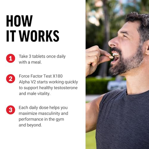 Force Factor - FORCE FACTOR Test X180 Alpha v2 – T-Support para Homens, Suplemento para Aumentar Força, Estimular Óxido Nítrico e Melhorar Desempenho Diário, 120 Comprimidos