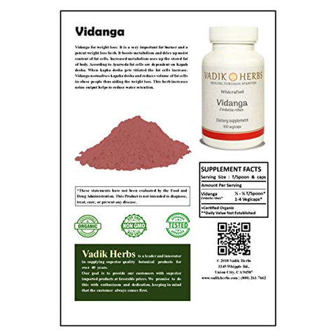 Vidanga Orgânico Certificado em Pó 454g | Excelente Erva para Perda de Peso, Problemas de Pele, Limpeza Intestinal - Vadik Herbs