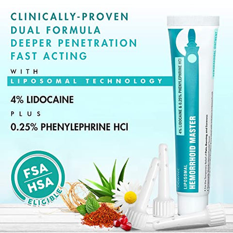 Pomada para Tratamento de Hemorroidas, 45g, Anestésico com Lidocaína para Fissuras Anais, Alívio da Dor, Queimação, Coceira, Inchaço e Sangramento com Fenilefrina, Hidrocortisona, Aloe Vera - Ebanel