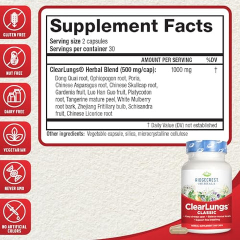 ClearLungs Classic – Suplemento Natural para Saúde Diária dos Pulmões e do Nariz, Suporte para Brônquios, Respiratório, Imunidade, Sinusite e Bem-Estar do Muco – Fórmula Herbal (60 cápsulas) - RidgeCrest Herbals