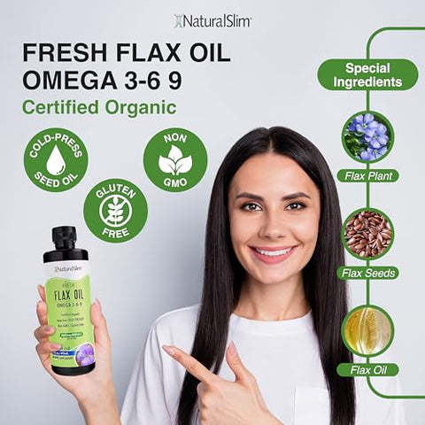 Óleo de Linhaça NaturalSlim – Suplemento Líquido de Óleo de Linhaça com Ômega 3 6 9 – Orgânico Certificado, Extraído a Frio, para Cabelo, Pele, Unhas e Células Saudáveis