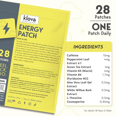 Energy Patches com Cafeína, Extrato de Chá Verde, Extrato de Folha de Hortelã-Pimenta, Vitamina B3 e Vitamina B6 – para Aumentar a Vigília Matinal - Klova