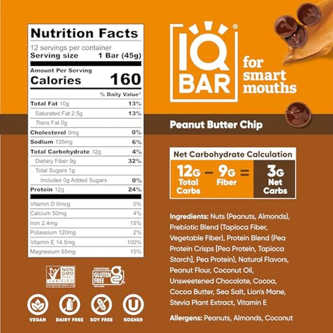 Generic - IQ BAR – Barra de Proteína Vegetal para o Cérebro e o Corpo – Peanut Butter Chip – 12 Unidades, Baixo Carboidrato, Alta Fibra, Sem Glúten, Lanche Vegano – Baixo Açúcar – Alta Proteína