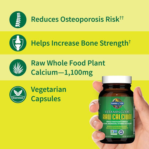 Raw Calcium – Vitamin Code com Magnésio, K2, Vitamina D3 e Vitamina C, para Fortalecimento Ósseo, Probióticos – 100% Natural - Garden of Life