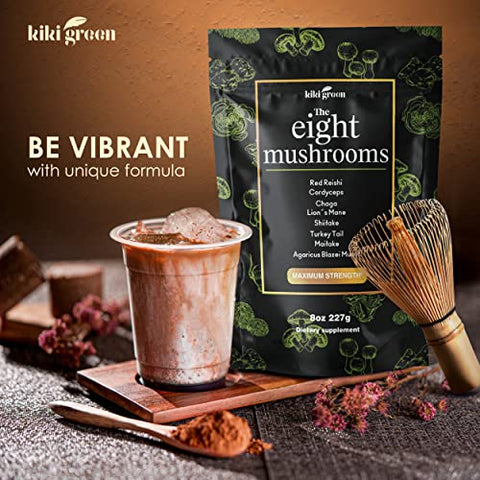 8 Mushrooms Powder Extract – Blend 8 oz – Lion’s Mane, Turkey Tail, Reishi, Chaga, Cordyceps, Maitake, Shiitake – para Foco – Produto de Cogumelos em Pó – 8g - KIKI Green