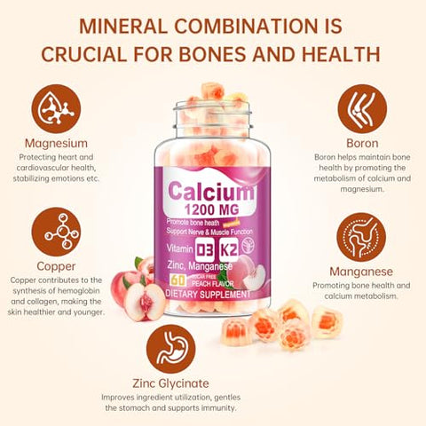 bravelf - Gomas de Vitamina D3 K2 Citrato de Cálcio 1200mg, Zinco, Magnésio, Boro, Cobre para Suporte Ósseo e Imunológico – Goma de Vitamina K2 sem Açúcar (2)