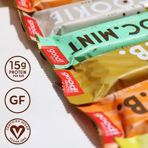 good! - Good! Snacks Vegan Pack com 6 Sabores | Barras de Proteína sem Glúten, à Base de Plantas, Baixo teor de Açúcar, Kosher, Livre de Soja, Não-OGM | 15g de Proteína (12 Barras)