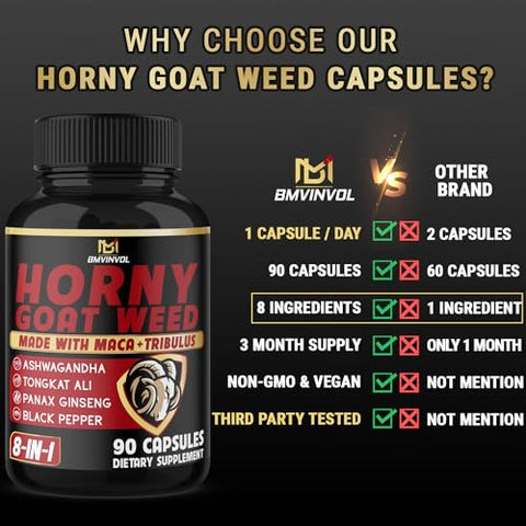 Cápsulas de Horny Goat Weed com Maca, Ginseng, Tribulus Terrestris, Ashwagandha – 90 Cápsulas – 3 Meses de Fornecimento - BMVINVOL