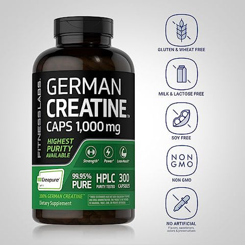 Cápsulas de Creatina Alemã 1000mg | 300 Unidades | Suplemento Fitness Monohidratado | Livre de Transgênicos, Sem Glúten - Fitness Labs