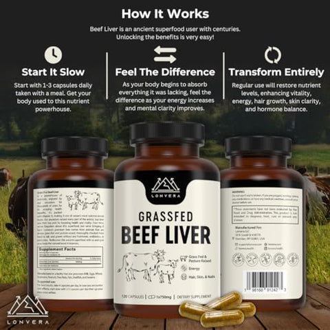 Lonvera - Cápsulas de Fígado Bovino de Pasto | Suplemento de Fígado Desidratado | Comprimidos de Fígado Liofilizados | 30 Porções | 3000 mg | 120 Unidades
