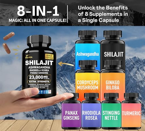 DLNIA - Shilajit Puro do Himalaia 9000MG com Rhodiola Rosea 1000MG, Ashwagandha 2000MG, Ginseng, Gingko Biloba, Cúrcuma, Cogumelo Cordyceps, Urtiga…