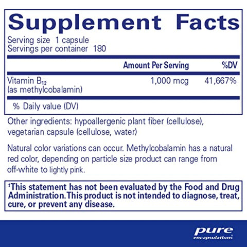 Suplemento de Vitamina B12 Methylcobalamin 1.000 mcg – Pure Encapsulations para Memória e Suporte Cerebral