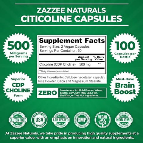 Citicolina Extra Forte, 500 mg por Porção, 100 Cápsulas Veganas, Forma Superior de Colina CDP, Grau Farmacêutico 100%% Vegetariano, Suprimento de 50 Dias, Natural e - Zazzee