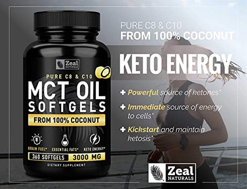 Zeal Naturals - Óleo de MCT Puro em Cápsulas (360 Softgels | 3000mg) Suprimento de 4 Meses – Keto Pills com Coco Não Refinado – C10