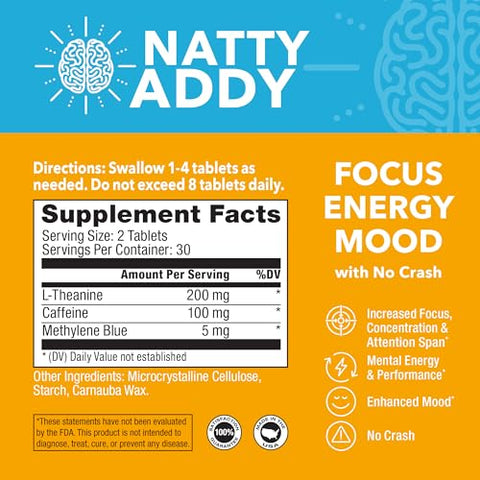Natty Addy - Suporte Máximo para o Cérebro – Azul de Metileno, Cafeína e L-Teanina – 60 cápsulas – Marca Brain Support