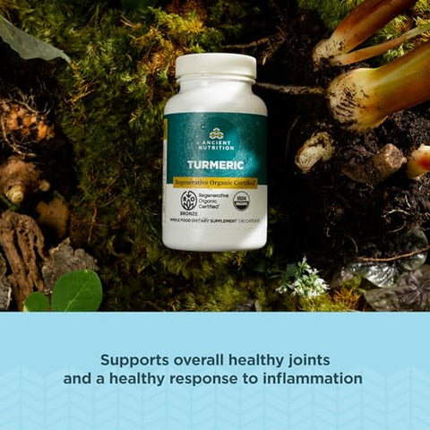 Cápsulas de Cúrcuma Certificadas Regenerativas Orgânicas, Uso Diário, Suplemento para Articulações e Suporte à Inflamação, Livre de Glúten, Amigável à Dieta Paleo e Keto, 90 Unidades - Ancient Nutrition