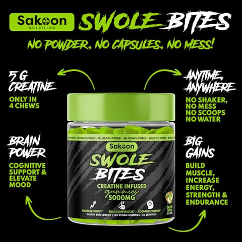Sakoon nutrition - Sakoon Nutrition Gummies de Creatina Monohidratada 5000mg | Aumente a Força e Ganhe Massa Muscular | Sem Açúcar, Vegano, Sabor Maçã | 120 Unidades