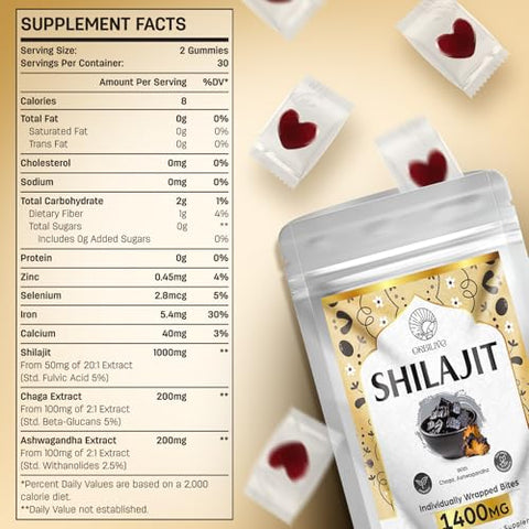 ORBILIVE - Gummies Orgânicos de Shilajit Puro do Himalaia com Ashwagandha – 1400 MG, 85 Minerais Traços – Marca: Himalayan Shilajit para Homens