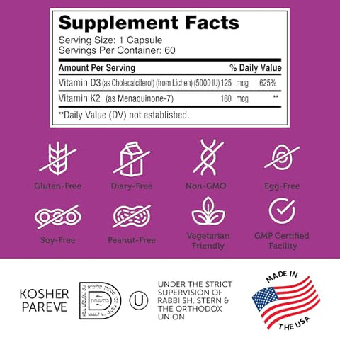 Vitamina D3 5000 IU K2 – Fórmula Avançada de Vitamina D3 K2 – Densidade Óssea - Zahler