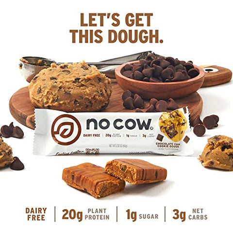 Barras de Alta Proteína, Massa de Biscoito com Gotas de Chocolate – Snacks Saudáveis, 20g Proteína Vegana, Alto Teor de Fibra, Baixo Açúcar, Amigável ao Keto, Sem Laticínios - No Cow
