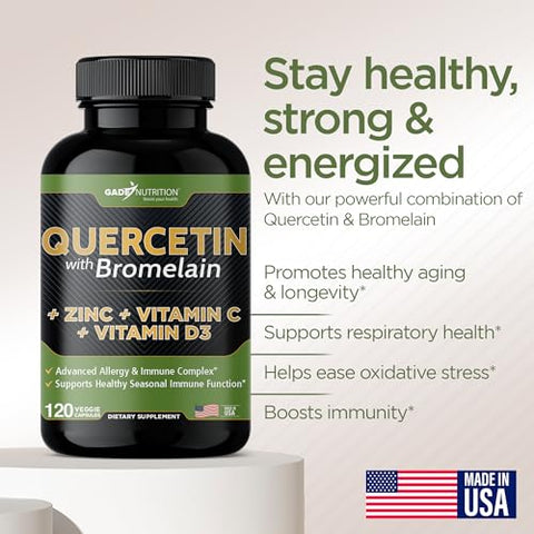 GADE NUTRITION BOOST YOUR HEALTH - Quercetina com Vitamina C e Zinco – 500mg de Quercetina – Quercetina com Bromelina – Zinco Quercetina – 120 Cápsulas Vegetarianas. Suplemento de Quercetina com Vitamina D3 (Sem OGM, Sem Glúten)