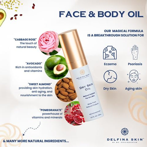 Delfina Skin - Óleo Delfina para Pele Seca – Tratamento para Eczema e Psoríase | Absorção Rápida e Mais Eficaz que Loção para Pele Extremamente Seca, Rachada e Irritada | Seguro para Todas as Idades
