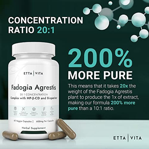 Etta Vita - Fadogia Agrestis Orgânica 600mg para Suporte Natural de Testosterona (2X Mais Puro – 3X Mais Absorvente) Aprovado por Atletas – Auxilia no Crescimento Muscular