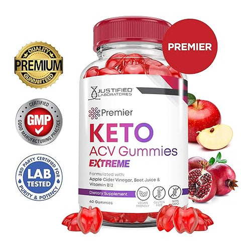 Justified Laboratories - (2 Pacotes) Premier Keto Gummies Extreme 2000MG ACV Premier Keto Gummies Vinagre de Maçã Formulado com Suco de Romã e Beterraba em Pó B12 Vegano Não GMO 120 Gomas