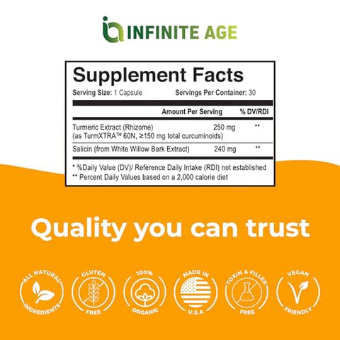 Suplemento de Cúrcuma para Suporte Articular, 30 Cápsulas – Feito nos EUA, Vegano, Livre de Glúten – Extrato de Cúrcuma 250mg, Salicina de Salgueiro 240mg - INFINITE AGE