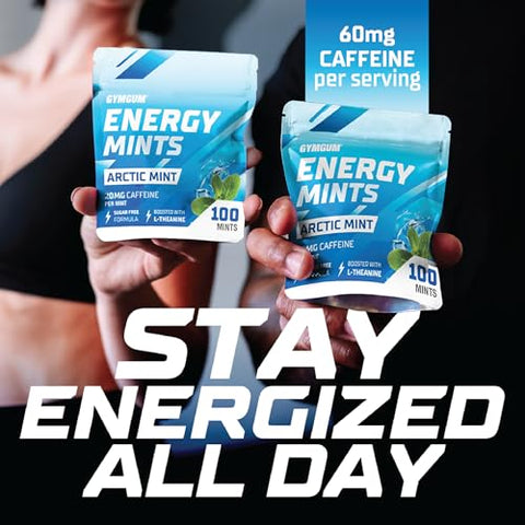 GYMGUM - Energy Caffeine Mints | Menta Energética com Cafeína, L-teanina e Vitaminas do Complexo B | Menta Cafeinada com 60mg de Cafeína por Porção | Deliciosas Mentas Energéticas Sem Açúcar | (Menta Ártica, 100 Unidades)