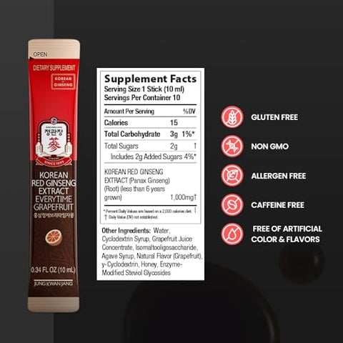 JUNG KWAN JANG - Extrato de Ginseng Vermelho Coreano Everytime Grapefruit 1000mg | Suplemento de Ginseng, Suplemento Energético, Comida Coreana | Sem Cafeína, Sem Glúten, Aumenta a Energia, Antioxidante | 30 Unidades