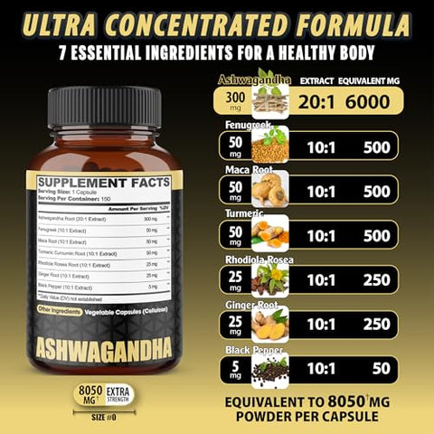 agobi - Ashwagandha Extrato Cápsulas 7 Ingredientes Naturais 8050 mg – Mistura de Fenacho, Maca, Cúrcuma, Rodiola, Gengibre