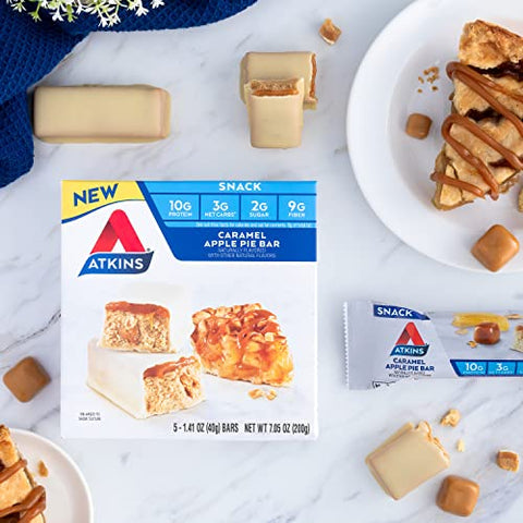 Barra de Snack Atkins, Torta de Maçã Caramelada, Sabor Natural, Rica em Proteínas e Fibras, Baixo Carboidrato, Baixo Açúcar (30 Barras)