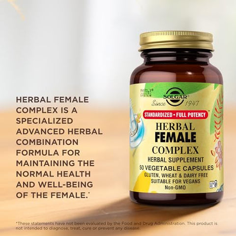 SOLGAR - Solgar Herbal Female Complex – 50 Cápsulas Vegetais – Potência Total Padronizada (PTP) – Não-OGM, Vegano, Kosher, Livre de Glúten e Lactose – 50 Porções