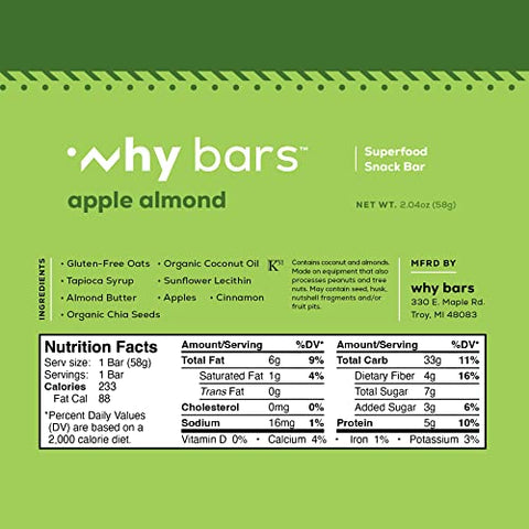 WHY BARS - Barra de Proteína Superfood, Maçã e Amêndoa, 57g (Embalagem com 12 Barras de Proteína) – Sem Glúten, Orgânica, Vegana, Ingredientes Simples