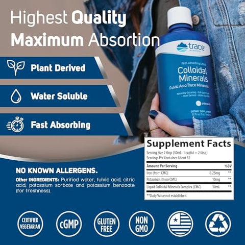 Colloidal Minerals Líquido | Minerais Coloidais Líquidos, Vegetais Naturais Veganos, Suplementados com Ácido Fúlvico | 946 ml | Marca Trace Minerals - Trace Minerals